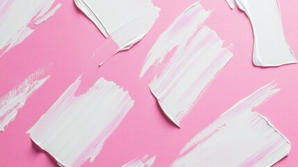 Poster - Swirls and strokes of white paint cover a soft pink surface in a creative studio, showcasing the interplay of color and texture in an artistic project