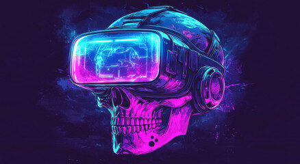 Aufkleber - Skull in virtual reality glasses with neon blue and purple lighting