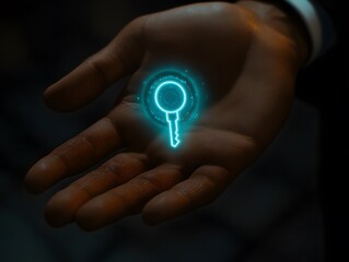 Poster - Futuristic Hand Holding Holographic Key Symbol Representing Security and Access Technology in a Digital World for Innovation and Modern Conceptual Design