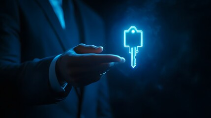 Poster - Futuristic Businessman Holding Holographic Key Symbolizing Security and Access in the Digital Age, Representing Technology, Innovation, and Future Advancement