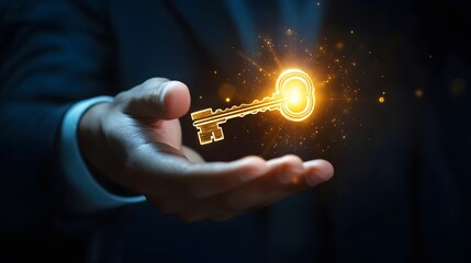 Aufkleber - Hands Holding a Glowing Golden Key Surrounded by Sparkling Lights, Symbolizing Success, Opportunity, and New Beginnings in a Professional Context