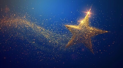 Fototapete - Over a dark blue setting, a lone star appears with a vector light effect of dazzling golden sparkles and waves of gleaming dust routes and space, Generative AI.
