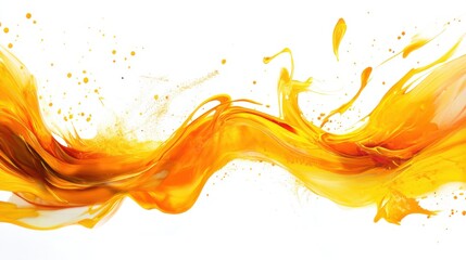Poster - Vivid orange and yellow paint spirals and flows together, producing a captivating display of color on a clean white canvas, evoking warmth and creativity