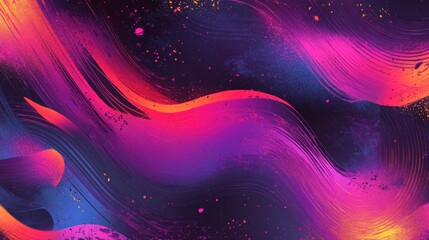 Poster - Bright brush strokes in neon pink and purple intertwine against a dark backdrop, creating a lively and artistic abstract composition