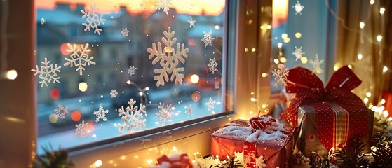 Fototapete - With red and green gifts beneath and a setting of a Christmas starry sky, white snowflake motif stickers over the glass offer a festive ambiance a lovely snowy night scene and space, Generative AI.