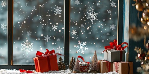 Fototapete - With red and green gifts beneath and a setting of a Christmas starry sky, white snowflake motif stickers over the glass offer a festive ambiance a lovely snowy night scene and space, Generative AI.
