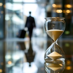 Poster - Professional individual in blurred background with an hourglass in the foreground representing time management, deadlines, and business efficiency in a corporate environment