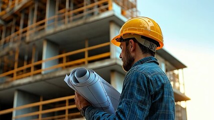 Poster - Construction manager reviewing blueprints at a construction site during sunset hours