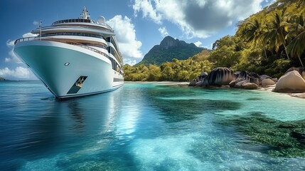 Wall Mural - Serene white cruise ship anchored in tranquil turquoise waters near a stunning tropical island with palm trees, lush foliage, and pristine sandy beaches