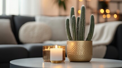 Wall Mural - Modern Living Room Decor with Cactus and Candle on Coffee Table