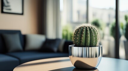 Wall Mural - Cactus in Modern Pot on Table with Cozy Living Room Background