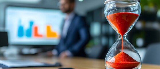 Poster - Concept of Time Management and Productivity Demonstrated by Hourglass in Office Setting with Business Professional in Background Outlining Work Efficiency Strategies