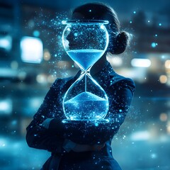 Poster - Businesswoman in Suit with Animated Hourglass Surrounded by Sparkling Particles Signifying Time Management and Productivity in a Futuristic Environment