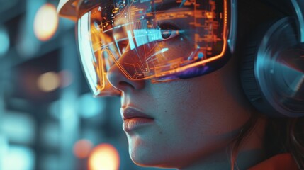 Poster - A closeup of a workers face wearing an AR headset their focused expression reflecting the immersive experience of using 5Genhanced augmented reality for precision embly.