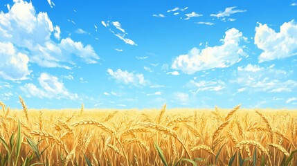 Aufkleber - A vast landscape of golden wheat swaying gently in the breeze, illuminated by a radiant sky filled with fluffy white clouds. Summer sunlight bathes the field, creating a serene atmosphere