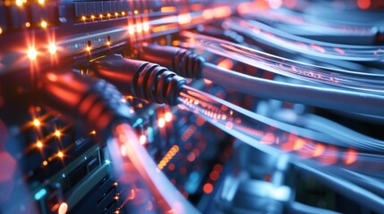 Poster - Fiber optic cables are transferring data at high speed, with server rack lights blinking, in a futuristic data center, representing innovative production and technological advancement