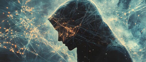 Poster - Illuminated Silhouette of a Person with Abstract Digital Connections and Light Effects Representing Technology and Data Communication Concept