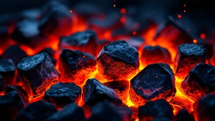 Wall Mural - burning wood coals with glowing and flaming hot charcoal briquettes, close-up orange, black, red tex