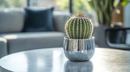 Wall Mural - Bright Cactus in Modern Pot on Table in Stylish Living Room