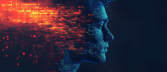 Poster - Abstract representation of human profile with digital data streams, symbolizing technology integration, artificial intelligence, and the future of human evolution in a digital age