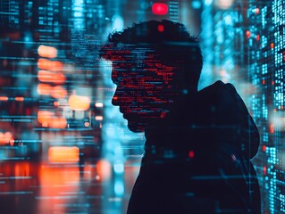 Fototapete - Profile of a Man Amidst Cybernetic Digital Interface in Neon Blue and Red Colors Representing Technology and Data Analysis in Modern Urban Environment