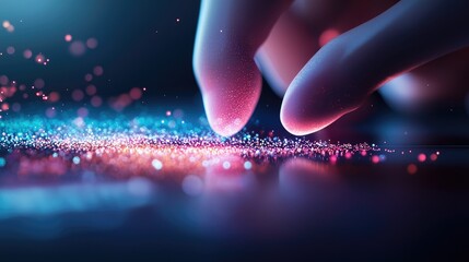 Fototapete - Close-Up View of Finger Touching Colorful Sparkling Particles in Dark