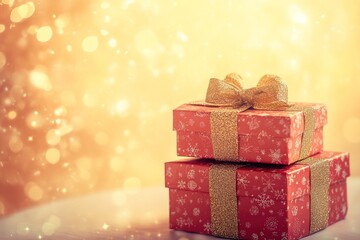 Wall Mural - stack of two red Christmas gift boxes with golden ribbon and bow on a pale yellow bokeh background with copy space