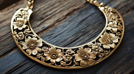 Wall Mural - Elegant Floral Gold Necklace on Rustic Wooden Surface