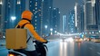 © pvl0707 - A food delivery rider wearing an orange helmet and jacket rides a motorbike through the vibrant streets of Dubai during the evening. The bright city lights create a lively atmosphere