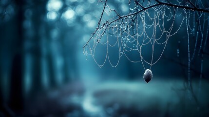 A close-up of a spider web in the forest, with blurred trees and bokeh effects creating a mysterious atmosphere