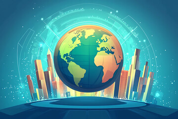 Poster - A stylized globe above a futuristic cityscape, symbolizing technology and global connectivity.