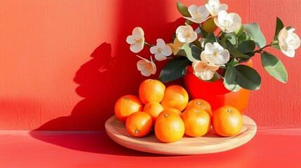 Poster - bright and vibrant display of oranges and flowers on a wooden platter against a red background
