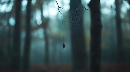 A close-up of a spider web in the forest, with blurred trees and bokeh effects creating a mysterious atmosphere