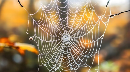 A close-up of a spider web in the forest, with blurred trees and bokeh effects creating a mysterious atmosphere