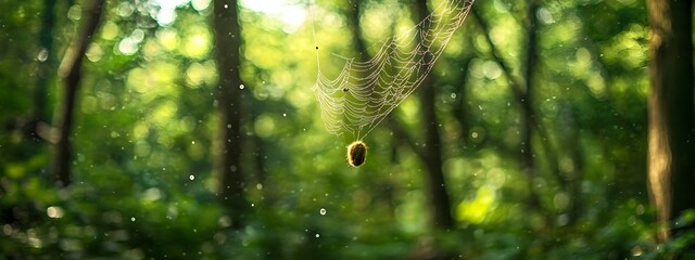A close-up of a spider web in the forest, with blurred trees and bokeh effects creating a mysterious atmosphere