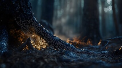 A close-up of a spider web in the forest, with blurred trees and bokeh effects creating a mysterious atmosphere
