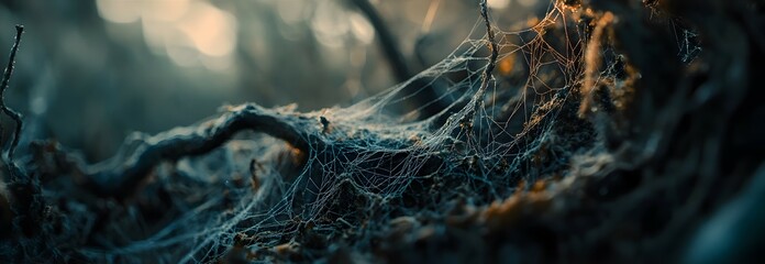 A close-up of a spider web in the forest, with blurred trees and bokeh effects creating a mysterious atmosphere