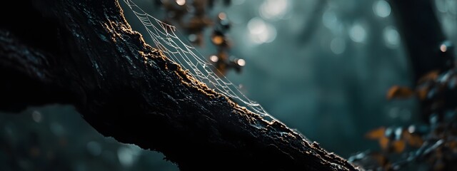 A close-up of a spider web in the forest, with blurred trees and bokeh effects creating a mysterious atmosphere