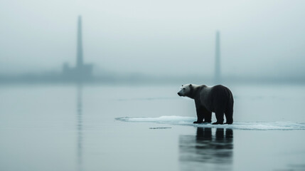 Wall Mural - polar bear is standing on a small ice floe in open water, with distant industrial chimneys symbolizi