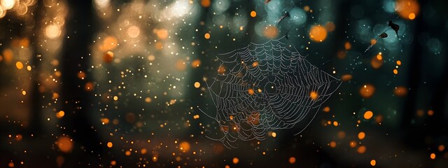 A close-up of a spider web in the forest, with blurred trees and bokeh effects creating a mysterious atmosphere