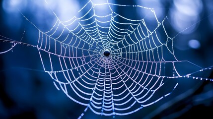 A close-up of a spider web in the forest, with blurred trees and bokeh effects creating a mysterious atmosphere