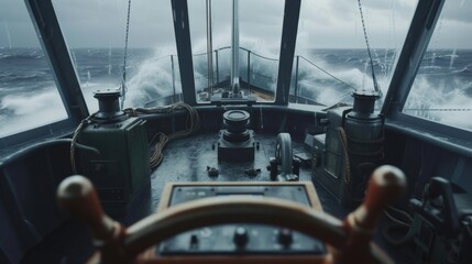 Poster - With careful precision the captain expertly utilizes the ships engine and steering controls to navigate through treacherous waters ensuring the safety of the crew and cargo.