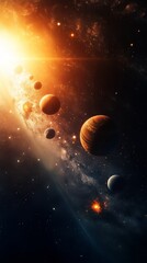 Wall Mural - cosmic symphony: a celestial tapestry unfolds, showcasing a vibrant solar system bathed in the golde