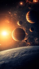 Wall Mural - cosmic symphony: a celestial tapestry of planets, stars, and nebulae, bathed in the warm glow of a d