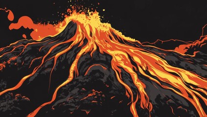 Aufkleber - Vector illustration of an erupting volcano, with lava flowing down the mountain in a vector style. The color palette consists of dark orange and yellow hues