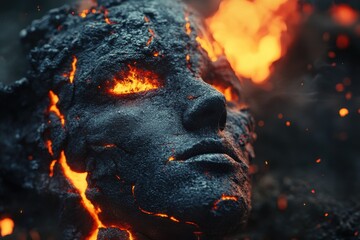 Aufkleber - Close-up of an ancient stone statue head covered in lava. The lava is burning around the face and covering it with fire, creating a depth-of-field and bokeh effect.