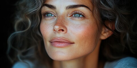 Wall Mural - Woman with curly hair and striking blue eyes gazing thoughtfully into the distance in a warmly lit indoor setting during golden hour