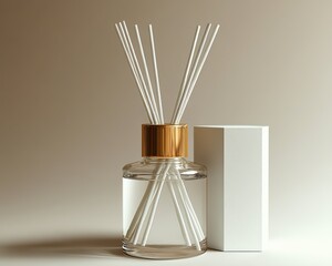 Decorative fragrance diffuser on a smooth surface with a simple box, enhancing home ambiance with elegance and style