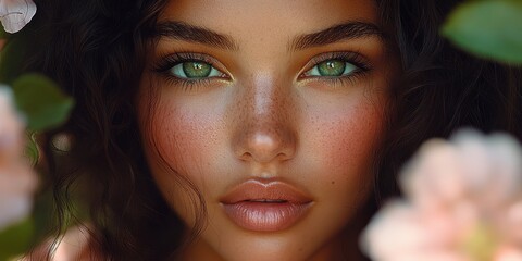 Wall Mural - Close-up of a young woman with captivating green eyes framed by flowers in a serene outdoor setting during daylight hours