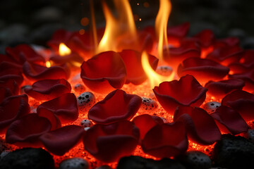 Wall Mural - rose petals on burning embers creating a striking visual effect